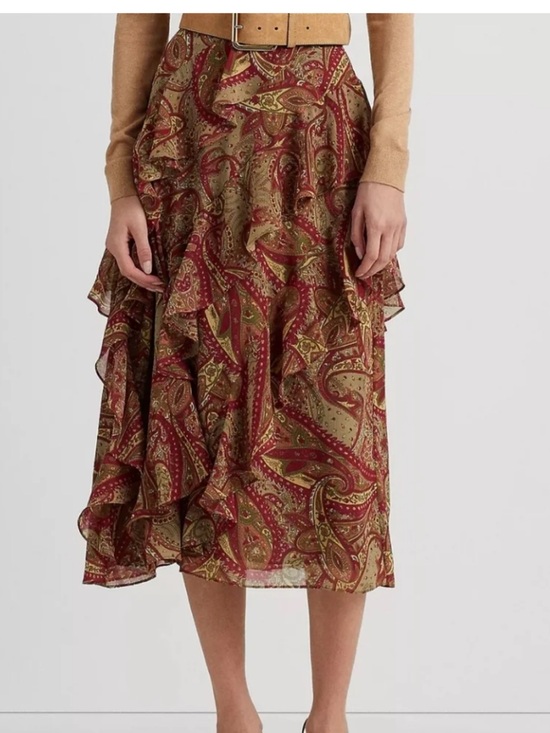 Ralph Lauren Dresses & Skirts - Ralph Lauren Burgundy & Olive Paisley Ruffle Midi Skirt